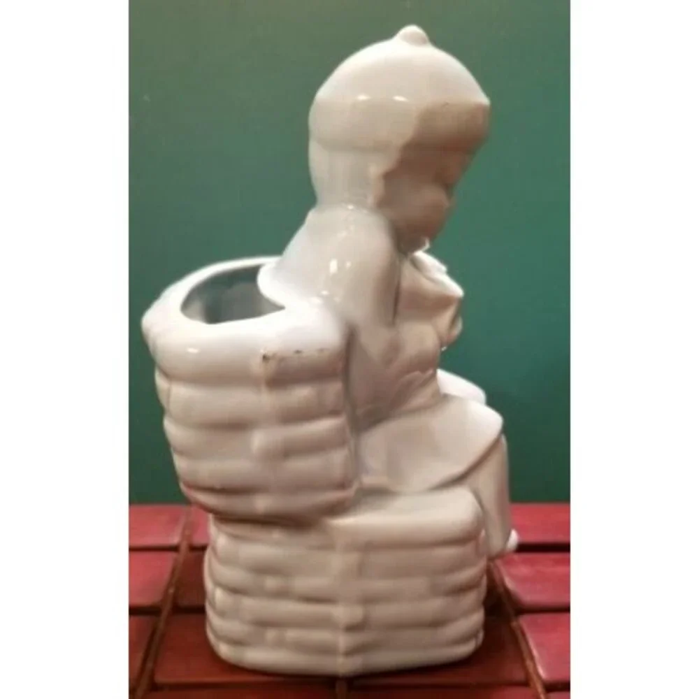 Vintage 1950s Blue Ceramic Vase Planter Chinese Monk In Traditional Costume